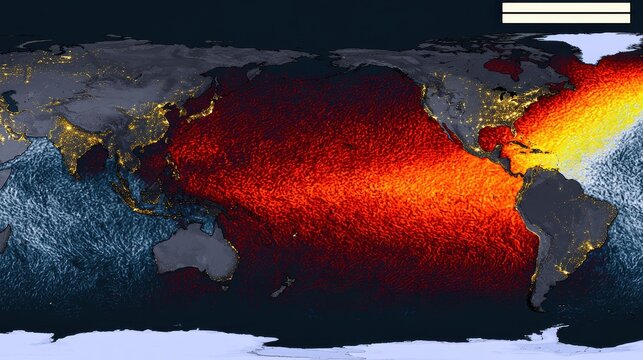 Global sea surface temperature map highlighting ocean warming zones with color gradient scale
