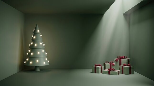 Minimalist Christmas tree with illuminated lights and wrapped gifts in a modern room with dramatic lighting