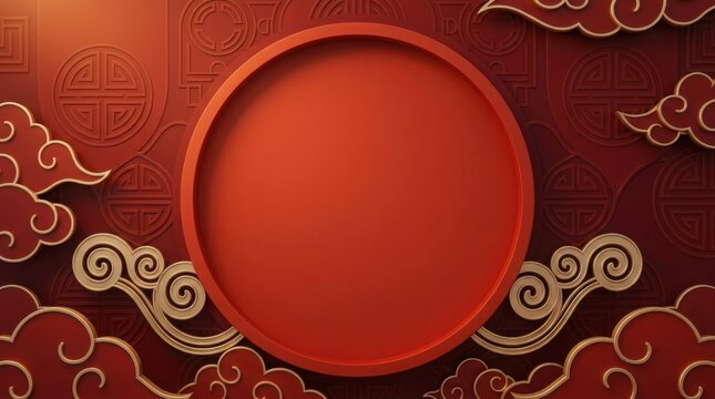 Red circular frame with ornate gold clouds against a textured red background