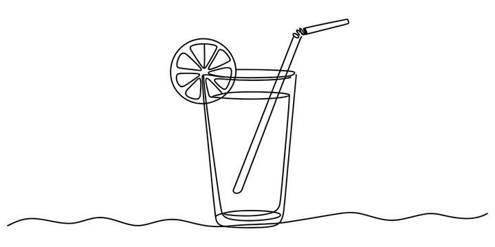Continuous single line drawing of a glass of lemonade with a lemon slice garnish and a drinking straw for a refreshing drink isolated on transparent background
