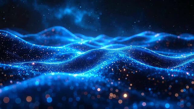 Looping abstract blue particle waves glowing on black background