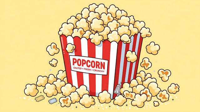 Red and White Striped Popcorn Bucket with Scattered Kernels