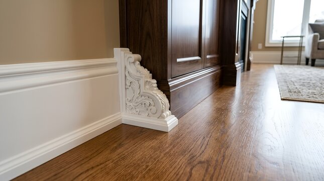 Decorative white carved wooden corner block connecting baseboard to dark wood cabinetry
