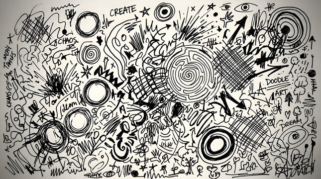Abstract handdrawn doodle background with chaotic lines, shapes, and patterns