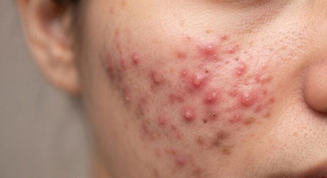 Close-up of Acne on Face: A detailed macro shot reveals a cluster of inflamed pimples and blemishes on a person's skin, highlighting the challenges of acne.