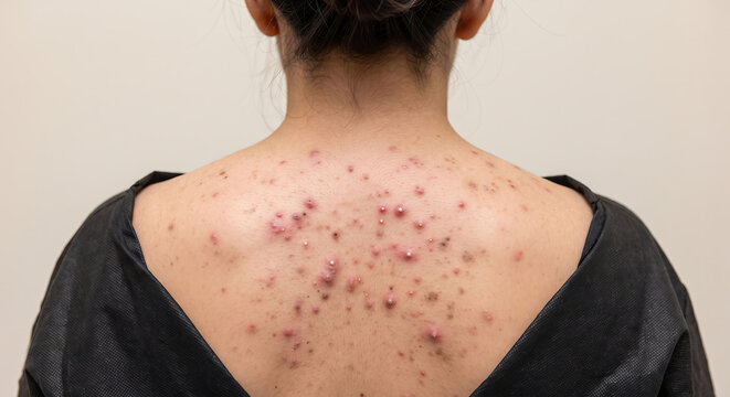 Back Acne Problem: A close-up view of a person's back showing a significant problem with acne and blemishes.