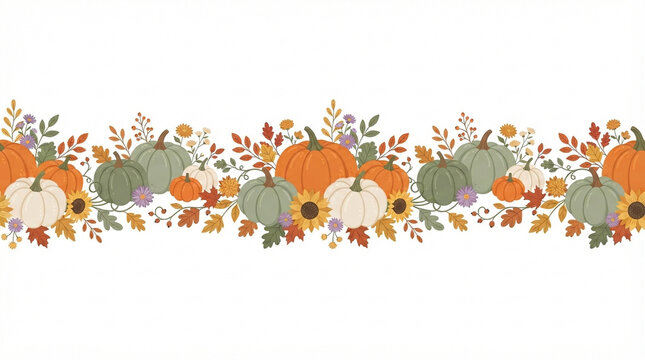 Autumn harvest pumpkins and sunflowers arranged in a decorative border with fall foliage during daylight