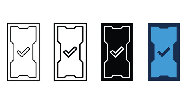 Ticket icons displaying an approved checkmark symbol represent mobile verification and access passes in four visual styles.