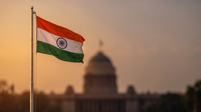 The vibrant national tricolor of India flutters elegantly with a blurred administrative dome in the background representing deep democratic heritage and rich culture.