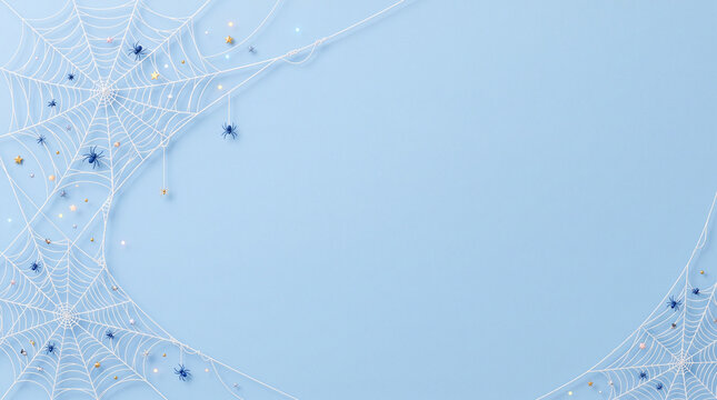 Minimalist Halloween background with white spiderwebs and dark blue spiders
