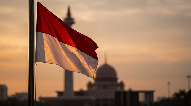 A striking red and white Indonesian flag gently blowing in the wind while an iconic national monument stands out of focus reflecting deep southeast asian identity.