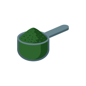 Detailed flat vector illustration of spirulina powder and algae spirals, blue-green superfood isolated on white background