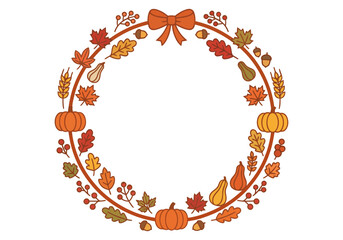 Fototapeta premium Hand drawn autumn wreath with fall leaves pumpkins and a festive bow