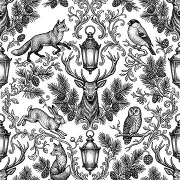 Christmas seamless line-art pattern featuring animals and lanterns  