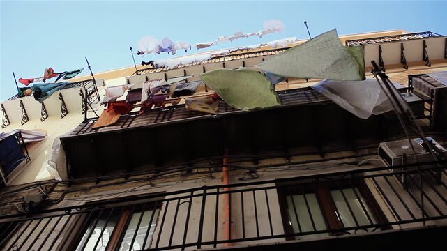 Clothes Hanging On Balconies In Historic Center Of Palermo Sicily - 4K