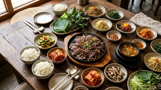 Traditional korean bbq feast with grilled meat, various side dishes, and rice on a rustic wooden table