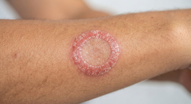 Ringworm Fungal Infection: Close-up of a circular, reddish, and inflamed ringworm fungal infection on a person's arm, showing the characteristic raised border and clear center.