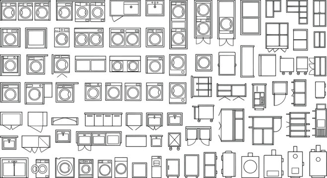 Collection of laundry room and kitchen appliances, top view icons for architectural floor plans including washers, dryers, and sinks
