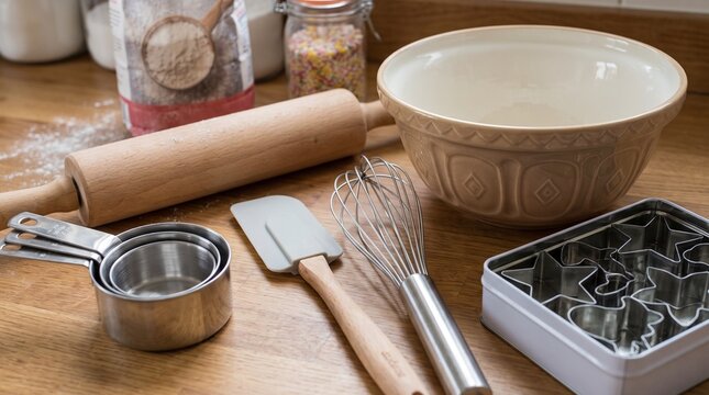 Ceramic mixing bowl sits beside wooden rolling pin steel whisk metal measuring cups and gray silicone spatula on natural grain wooden tabletop for home baking