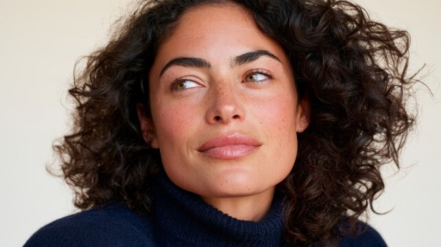 Womans Portrait with Red Freckles, Curly Hair and Serious Expression