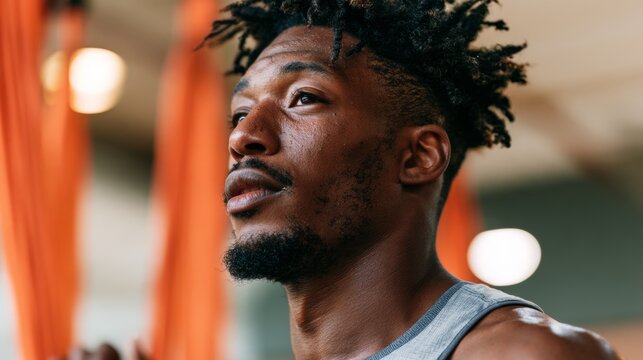 Young man in gym attire, looking intently forward with a focused expression.