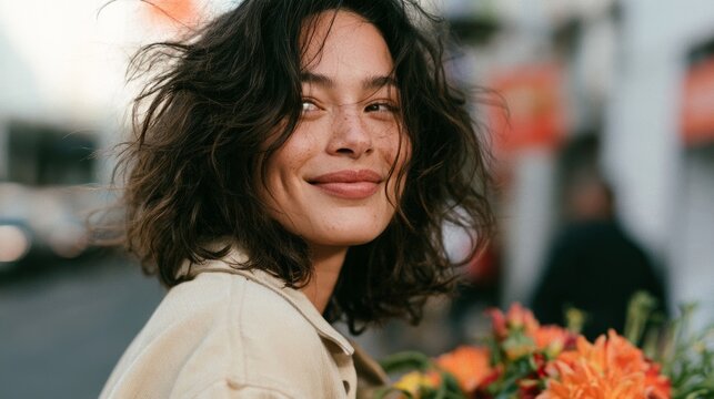 Young Woman with Curly Hair Smiling at Camera on City Street