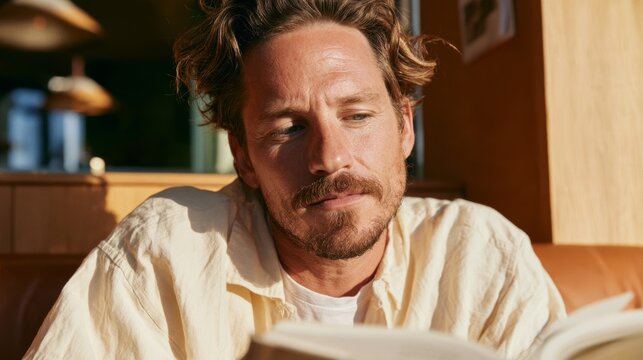 Man Reading Book in Cafe Setting, Relaxed Posture and Expression