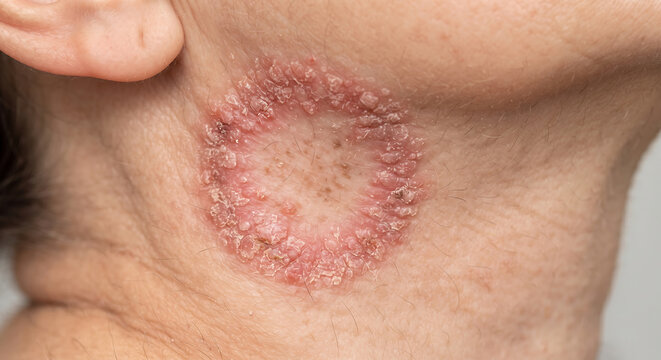 Ringworm Lesion on Skin: Close-up view of a red, scaly ringworm fungal infection on a person's neck, highlighting the characteristic circular rash and inflamed skin.