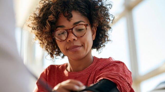 Professional Woman in Glasses at a Table, Engrossed in Work on Laptop