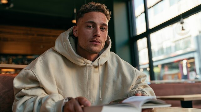 Urban Male in Hoodie, Reading Book at Cafe