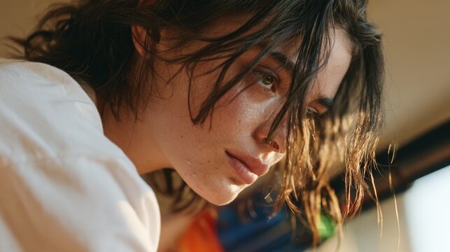 Contemplative Youth with Long Hair in Indirect Lighting