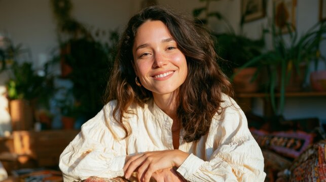 Smiling Woman in Bohemian Blouse, Indoor Setting
