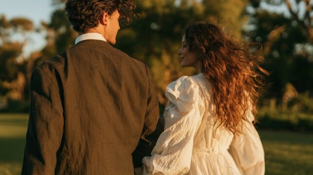Couple in a romantic park setting at sunset, with one person looking off into the distance and the other holding their hand.