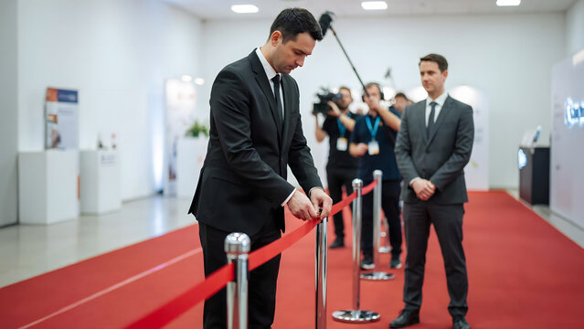 A man in a black suit cuts a red ribbon at a formal opening ceremony, with a colleague standing nearby and a crew recording the event scene