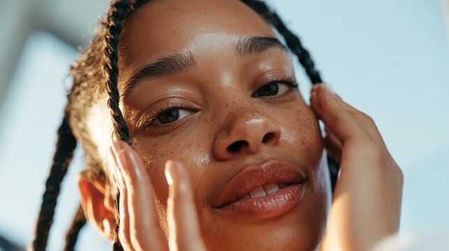 Close-up of Person with Glowing Skin Gently Applying Cream to Face