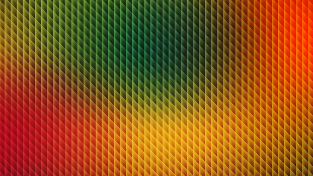 Abstract geometric diagonal grid pattern with vibrant green, yellow, and red color gradients, modern textured background for creative digital design and futuristic marketing materials