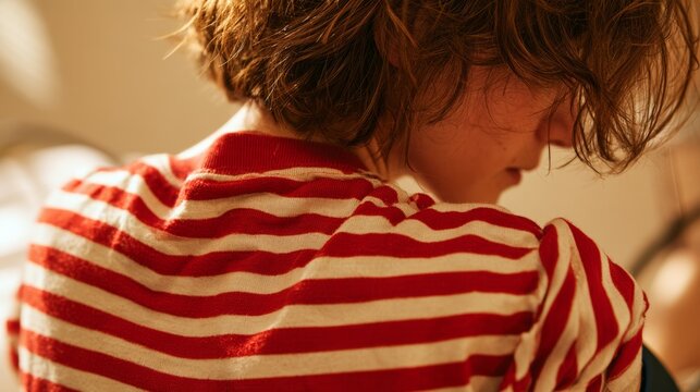 Woman in Red Striped Shirt Looking Away, Candid Portrait