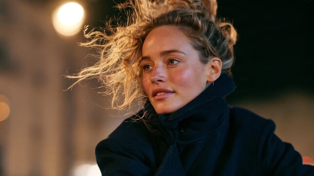 Emotional Female with Curly Hair in Casual Clothes, Outdoors at Night
