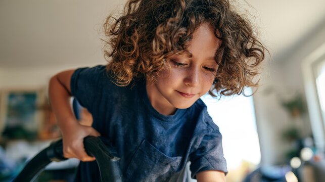 Young Boy with Curly Hair Looking Down with Hands on Barbell