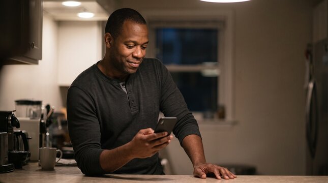 Man reacting quietly to a result on his phone at home