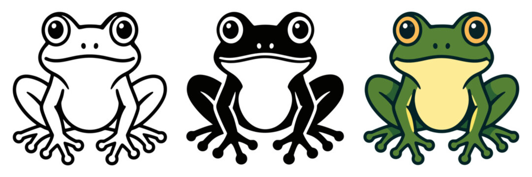 Three frog illustrations: black and white outline, silhouette, and colorful cartoon.