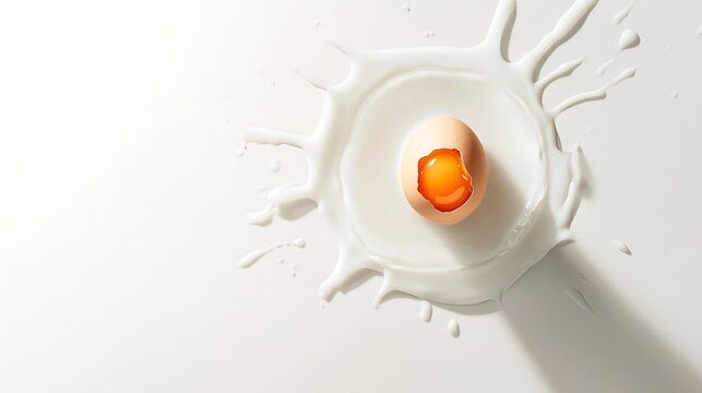 Cracked egg with bright yolk centered in a white milk splash on a surface