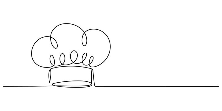 Chef hat icon drawn with a single continuous black line art style for restaurant and cooking themed design projects isolated on transparent background