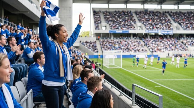 Woman soccer fan cheering in stadium during a football match  