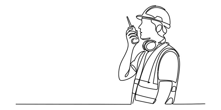 Continuous single line drawing of a construction worker wearing a hard hat and safety vest talking on a walkie talkie radio isolated on transparent background