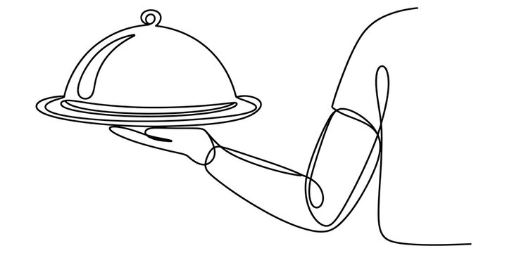 Continuous single line drawing of a person holding a food serving platter with a cloche cover for restaurant and catering service isolated on transparent background