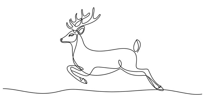 Minimalist continuous single line art drawing of a majestic wild deer jumping and running through the forest in black ink style isolated on transparent background