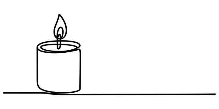 Continuous single line drawing of a burning candle with a flame for minimalist home decor art and simple holiday celebration design isolated on transparent background