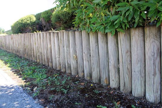 Rondins de bois en pin verticaux utilis&eacute;e comme bordure de jardin ou petite retenue de terre