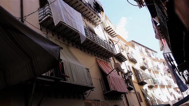 Laundry Drying On Balconies In Old Town Palermo Italy - 4K
